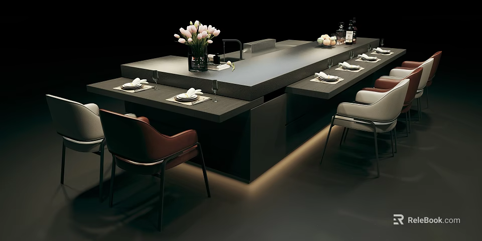 Modern Kitchen Island Dining Setup With Chairs Floral Decor And Table Settings 3d model 