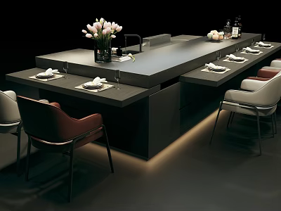 Modern Kitchen Island Dining Setup With Chairs Floral Decor And Table Settings 3d model