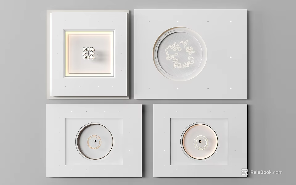 White Ceiling Design With Various Patterns And Recessed Lighting Features 3d model