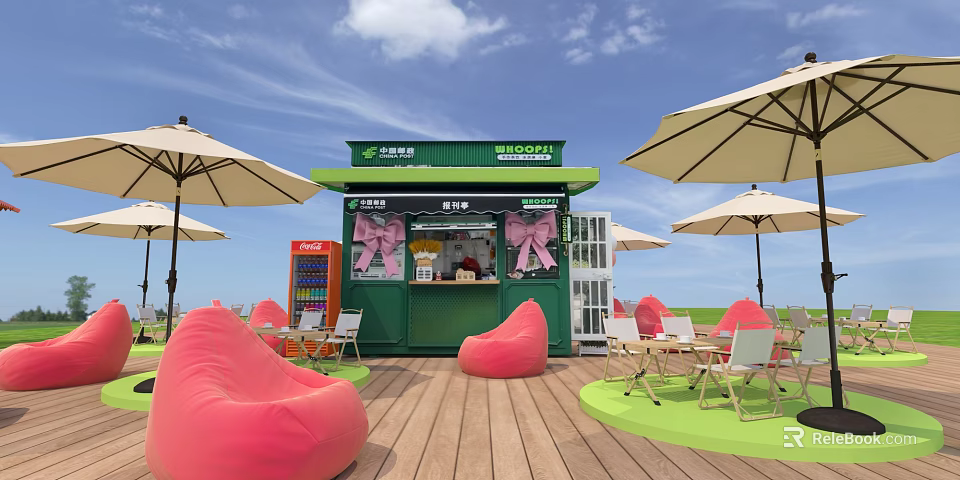 Mixue Green Outdoor Store With Pink Bean Bags White Umbrellas Tables And Wooden Deck 3d model 