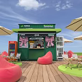 Mixue Green Outdoor Store With Pink Bean Bags White Umbrellas Tables And Wooden Deck