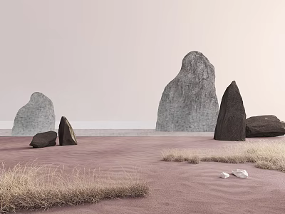 Natural Wasteland Landscape with Rocks Dry Grass Light Pink Ground and Distant Water 3d model