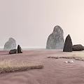 Natural Wasteland Landscape with Rocks Dry Grass Light Pink Ground and Distant Water