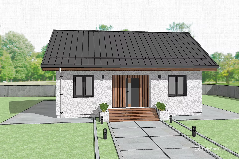 Modern House Exterior With Black Roof White Walls Dark Door Wooden Steps And Stone Pathway 3d model 