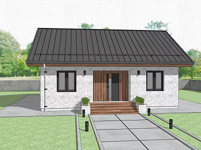 Modern House Exterior With Black Roof White Walls Dark Door Wooden Steps And Stone Pathway 3d model