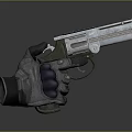 Revolver With Metallic Barrel And Cylinder Held By Tactical Gloved Hand Showing Details