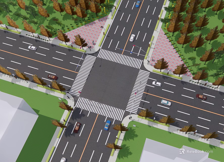 Municipal Road Intersection With Vehicles Zebra Crossings Green Belts And Sidewalks 3d model 