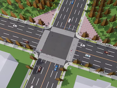 Municipal Road Intersection With Vehicles Zebra Crossings Green Belts And Sidewalks 3d model