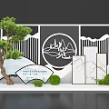 Chinese Traditional Decorative Scene With Pine Tree Fan Shaped Artworks And Marble Panels