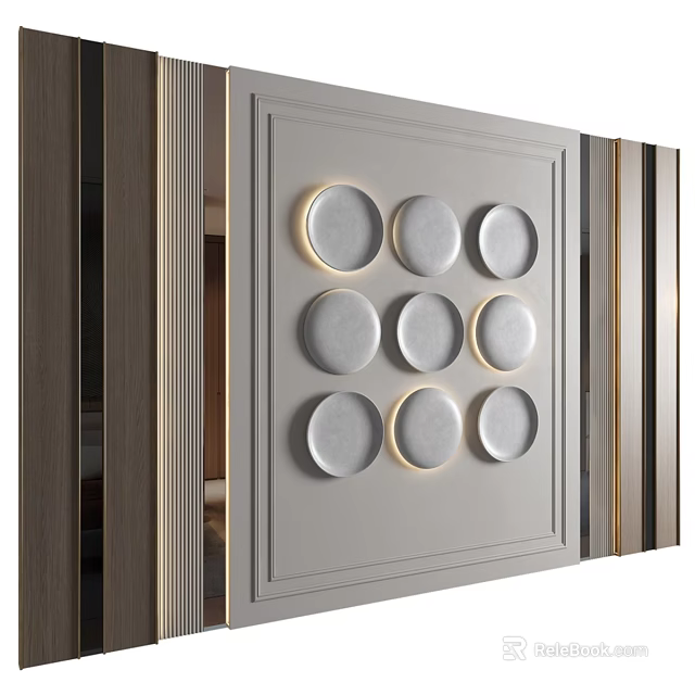 Modern Bedroom Accent Wall With Illuminated Circular Decor And Light Gray Finish 3d model 