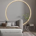 Modern Bedroom Interior Design With Grey Bed Circular Decorative Light Nightstands And Green Plant