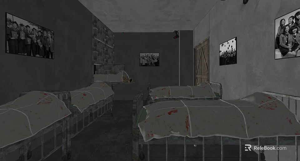 Gloomy Room With Metal Beds Blood Stains Wall Pictures And Shelves 3d model 