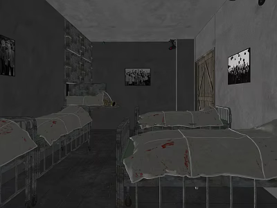 Gloomy Room With Metal Beds Blood Stains Wall Pictures And Shelves 3d model
