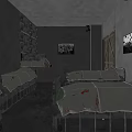 Gloomy Room With Metal Beds Blood Stains Wall Pictures And Shelves