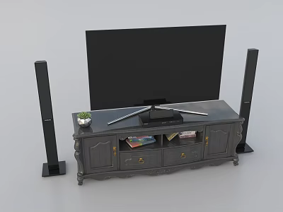 Gray Vintage TV Stand with TV Black Speakers Small Plant Pot and Cabinets 3d model