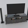 Gray Vintage TV Stand with TV Black Speakers Small Plant Pot and Cabinets