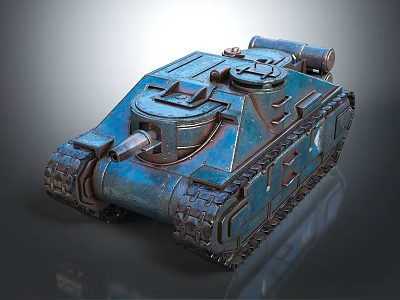 Blue Military Tank With Caterpillar Tracks And Gun Barrel 3d model