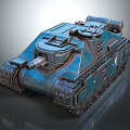 Blue Military Tank With Caterpillar Tracks And Gun Barrel