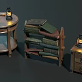 Wooden Side Table Bookshelf And Cabinet With Lanterns And Stacked Books