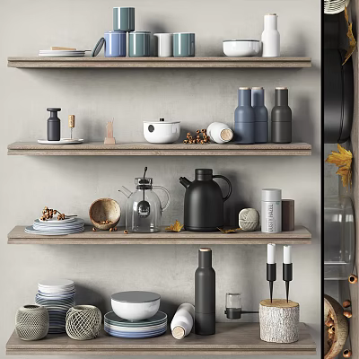 Modern Kitchen Shelves Displaying Ceramic Kettles Glass Jars Plates And Mugs 3d model