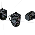 Elegant Black Tea Set With Hand Painted Floral Patterns And Secure Lids Design 3d model