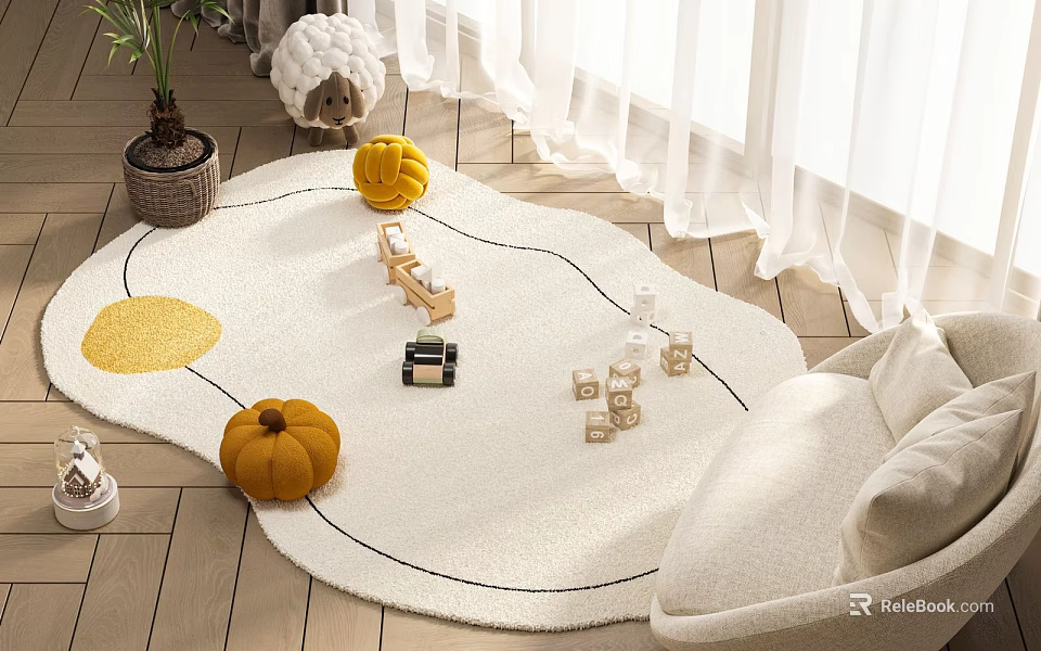 Shaped Rug in Living Room with Wooden Floor Sofa Building Blocks and Pumpkins 3d model 