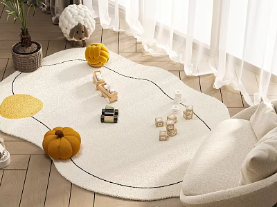 Shaped Rug in Living Room with Wooden Floor Sofa Building Blocks and Pumpkins 3d model