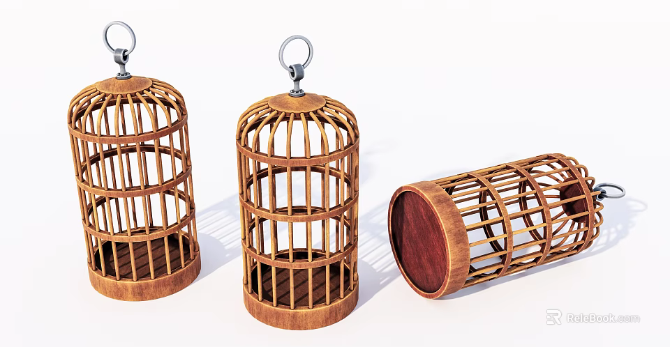 Three Piece Wooden Birdcage Decorative Ornament Set for Home Tabletop Decoration 3d model 