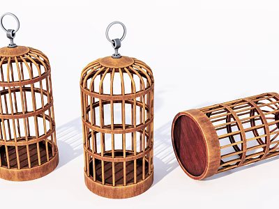 Three Piece Wooden Birdcage Decorative Ornament Set for Home Tabletop Decoration 3d model