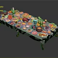 Abundant Assorted Dishes Fruits And Drinks On Long Table With Tablecloth And Wooden Legs