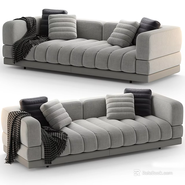 Modern Gray Sectional Sofa with Plush Cushions and Cozy Throw Blanket 3d model