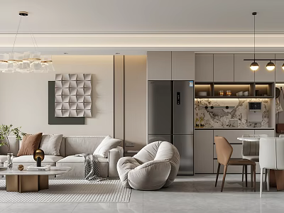 Modern Living and Dining Room Interior With Sofa Dining Table Pendant Lights and Decorative Art 3d model