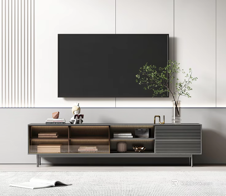 Sleek Modern TV Stand with Open Storage TV Green Plant and Decor Items 3d model 