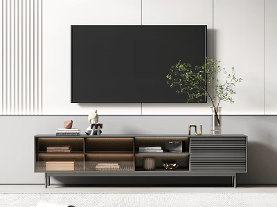 Sleek Modern TV Stand with Open Storage TV Green Plant and Decor Items 3d model