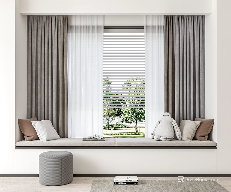 Cozy Bay Window with Gray White Curtains Brown White Pillows White Doll and Trees Outside 3d model 