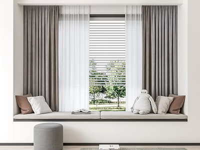 Cozy Bay Window with Gray White Curtains Brown White Pillows White Doll and Trees Outside 3d model