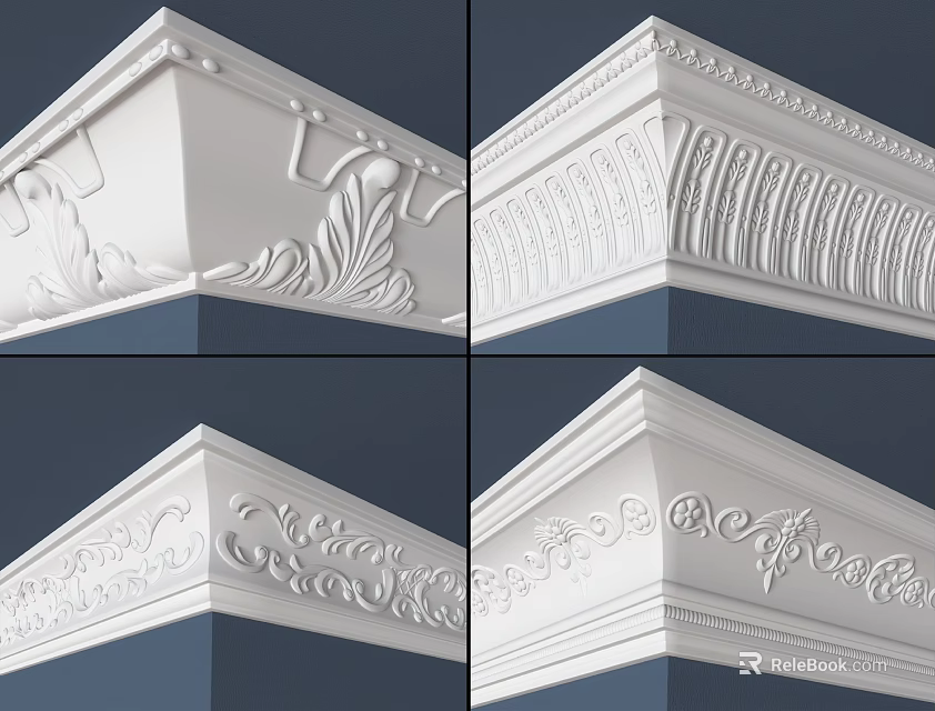 Different Crown Molding Corner Styles with Decorative Patterns for Interior Design 3d model