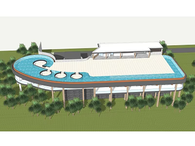 Modern Resort with Outdoor Swimming Pool Circular Umbrellas Green Trees White Roof Support Columns 3d model