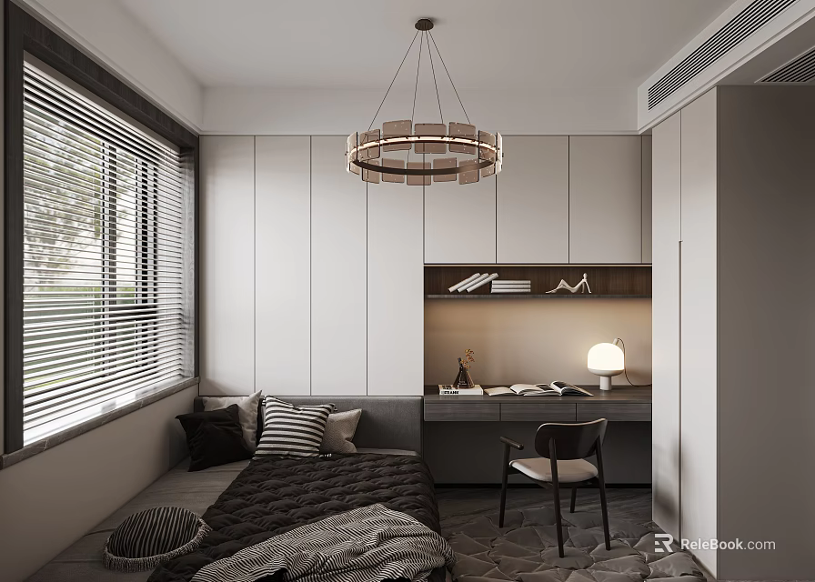 Modern Tatami Bedroom Interior With Tatami Bed White Cabinets Desk Chair And Window Blinds 3d model 