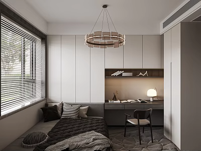 Modern Tatami Bedroom Interior With Tatami Bed White Cabinets Desk Chair And Window Blinds 3d model