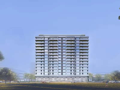 Modern High Rise Building Exterior Design With Blue Sky Green Grass And Trees 3d model