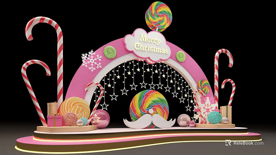 Vibrant Christmas Decoration Scene With Lollipops Candy Canes Snowflakes Stars Gifts And Merry Christmas Sign 3d model 