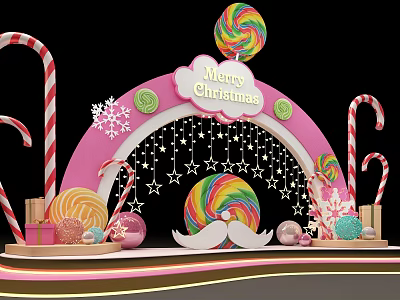 Vibrant Christmas Decoration Scene With Lollipops Candy Canes Snowflakes Stars Gifts And Merry Christmas Sign 3d model