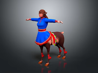 Woman in Blue Dress With Red Belt Arms Outstretched and Deer Legs Red Decorations 3d model