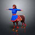 Woman in Blue Dress With Red Belt Arms Outstretched and Deer Legs Red Decorations