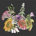 Colorful Flower Arrangement With Sunflower Pink Purple Blooms And Green Leaves