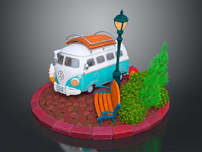 Blue And White Volkswagen Van With Orange Roof Rack Street Lamp Bench Green Bushes 3d model