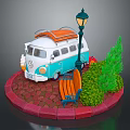 Blue And White Volkswagen Van With Orange Roof Rack Street Lamp Bench Green Bushes
