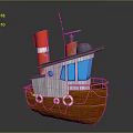 Cartoon Style Wooden Boat With Red Chimney Blue Windows And White Lifebuoys