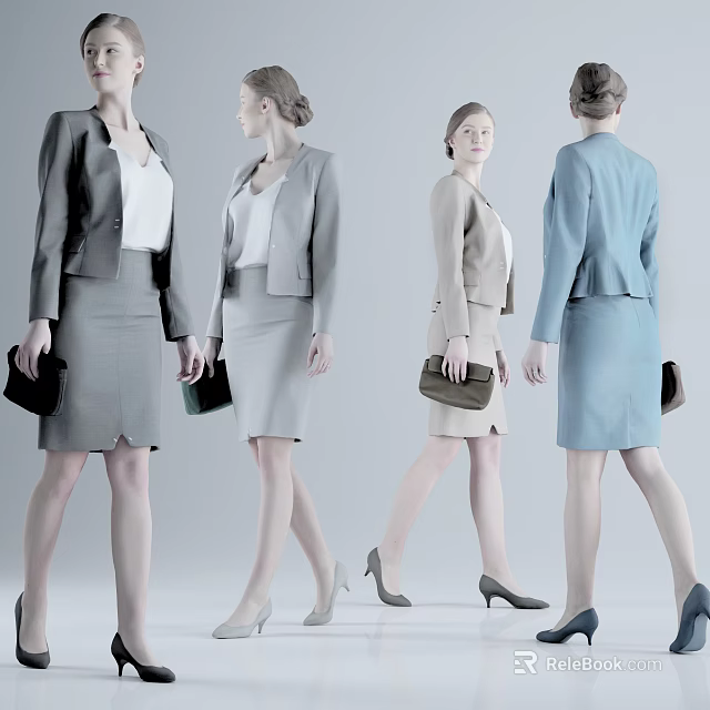 Women in Tailored Suits and Skirts of Various Colors Carrying Handbags Walking 3d model 